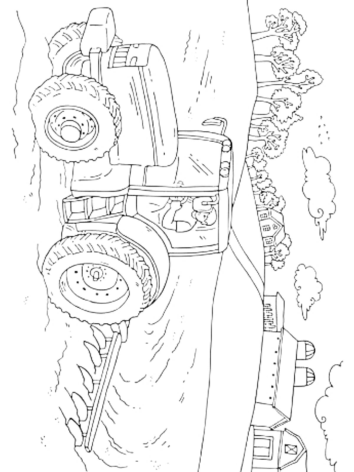 Раскраска Трактор пашет поле на ферме, деревья, сараи, облака