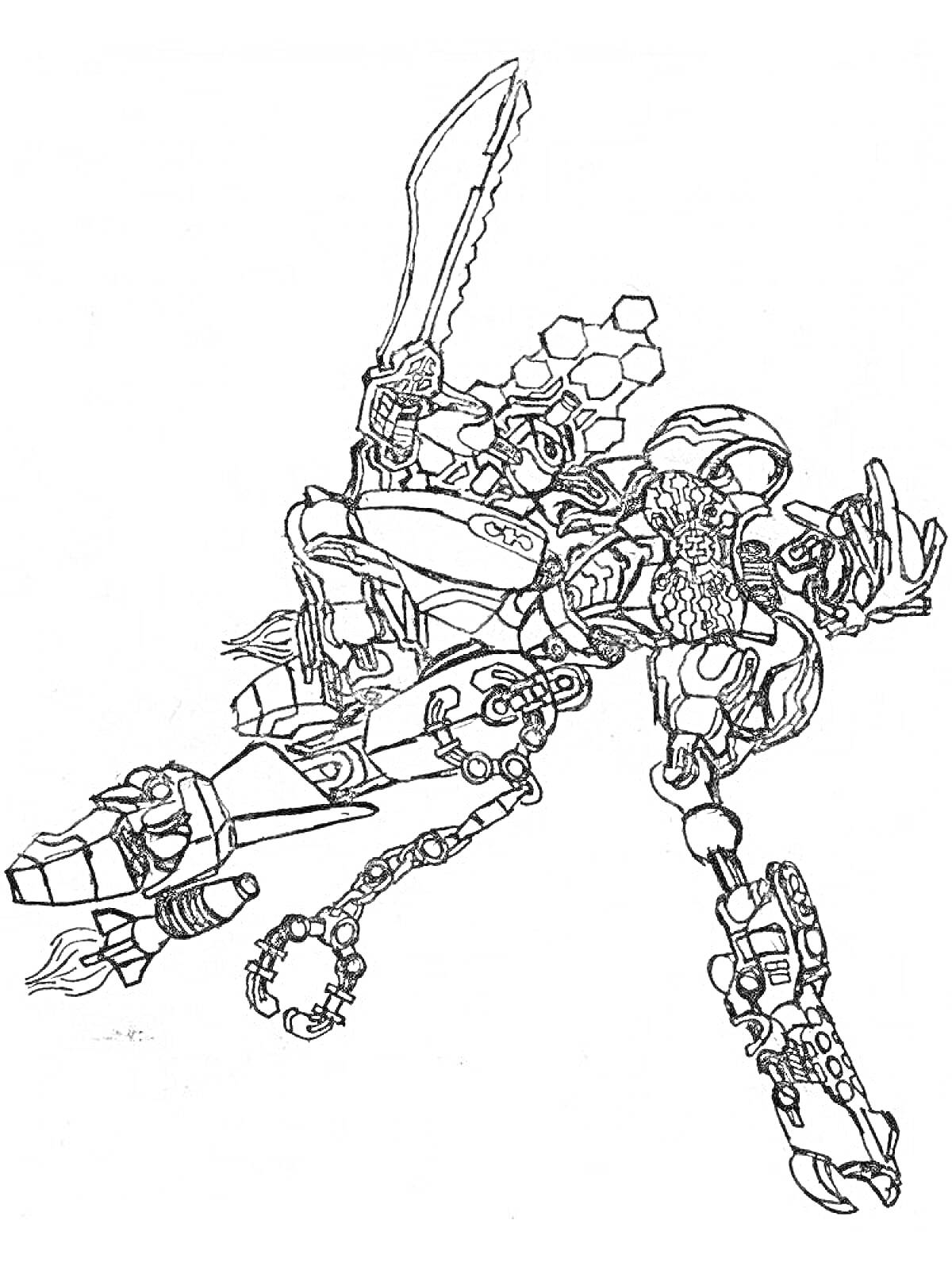 На раскраске изображено: Бионикл, Робот, Меч, Щит, Цепь, Боевой, Персонаж