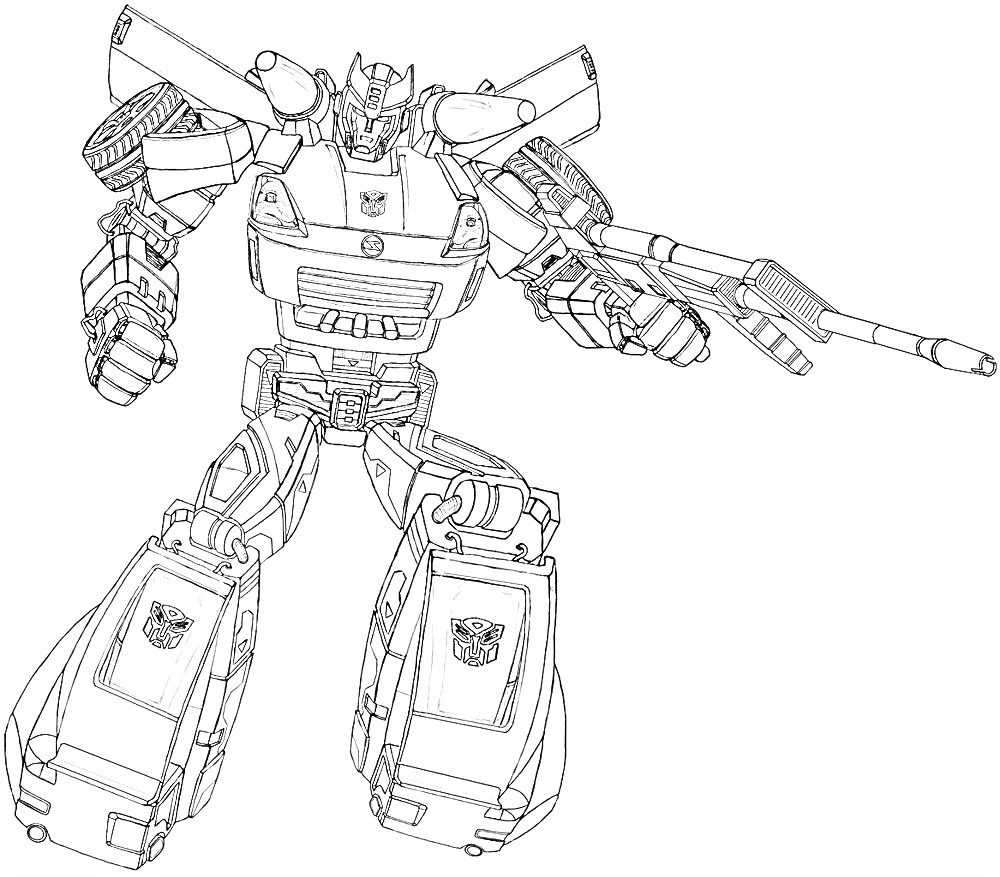 На раскраске изображено: Трансформеры, Робот, Оружие, Автоботы, Поднятые руки