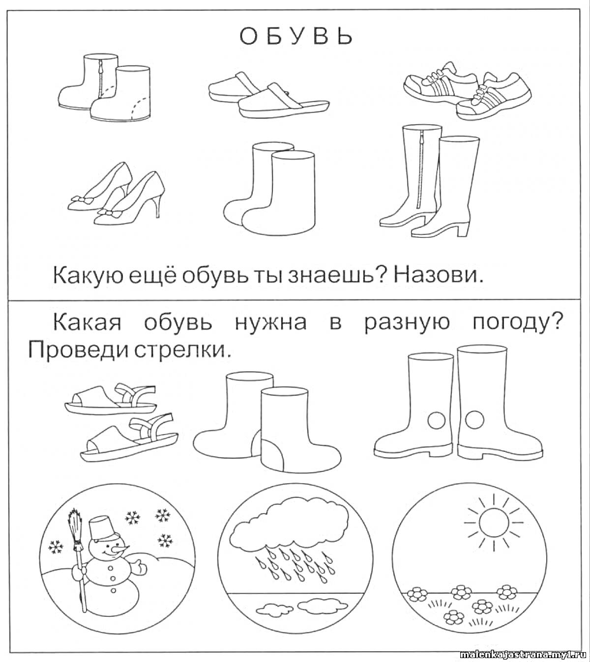 На раскраске изображено: Обувь, Ботинки, Тапочки, Кроссовки, Туфли, Сапоги, Погода, Снег, Дождь, Солнце, Образовательная игра