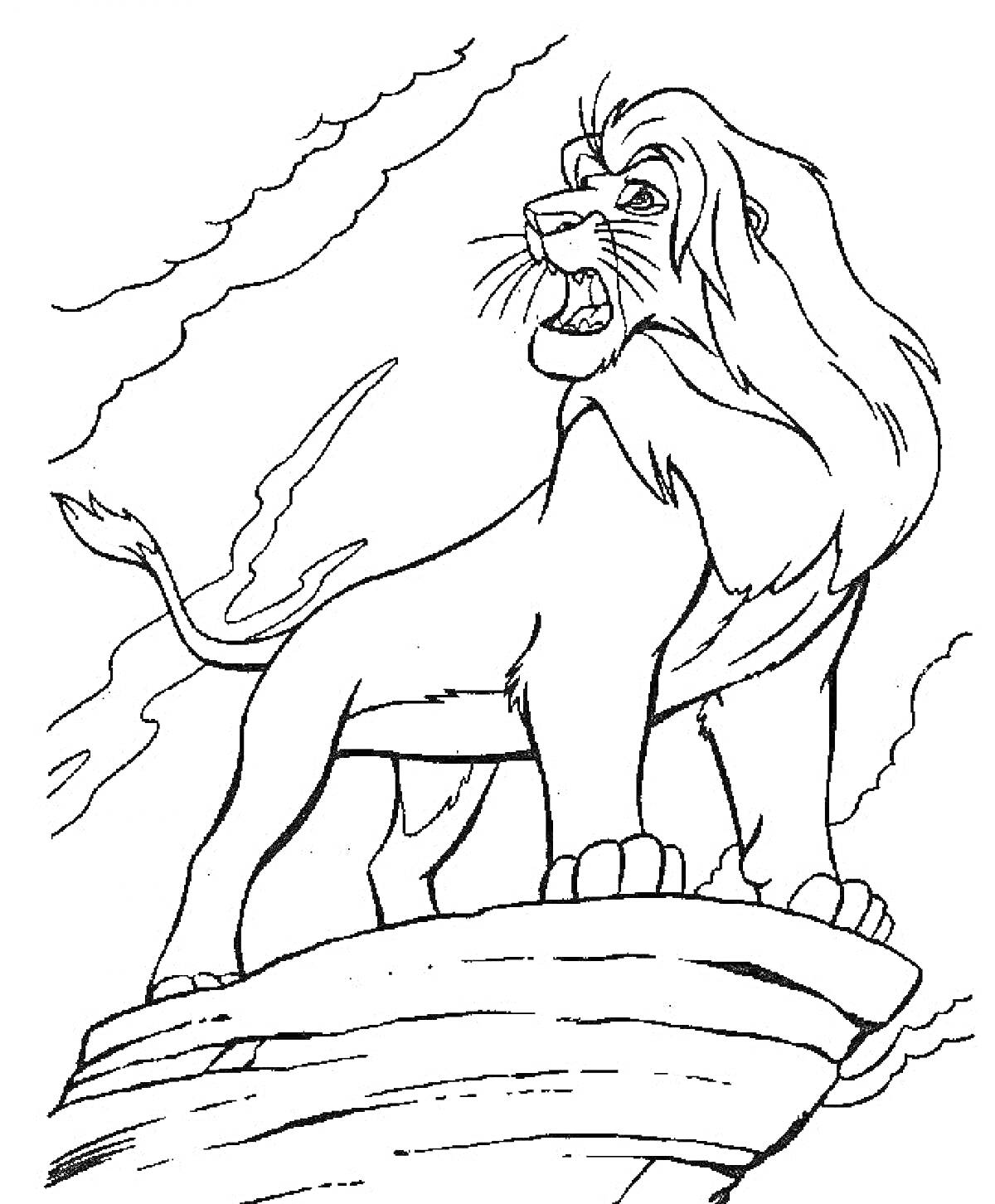 На раскраске изображено: Лев, Облака, Животные, Гроза, Природа, Скалы