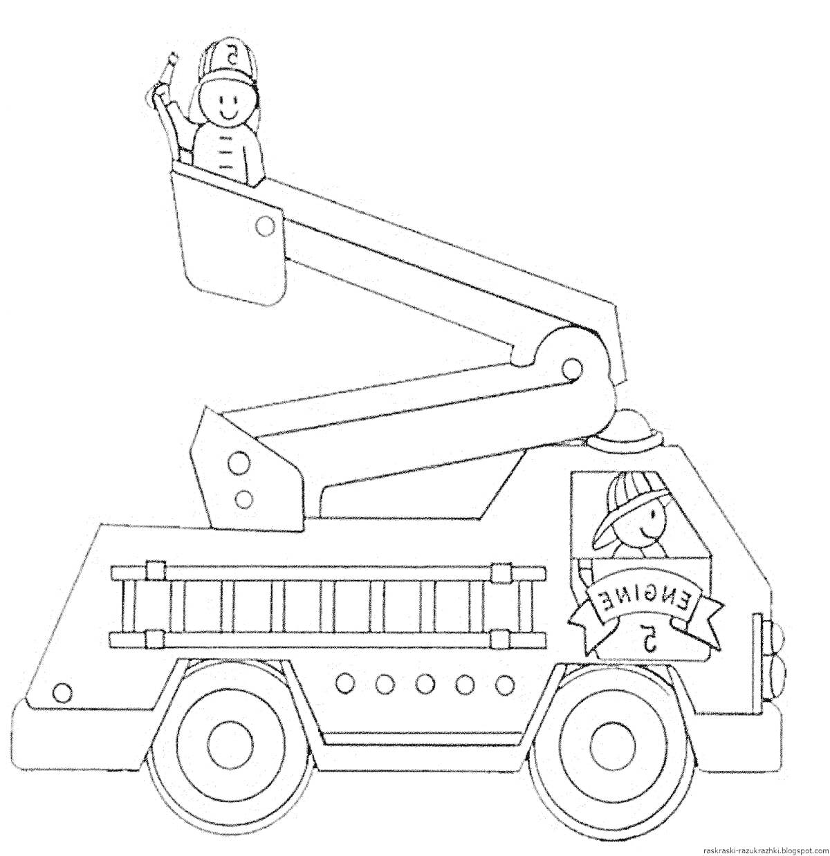 Раскраска Пожарная машина с лестницей и двумя пожарными