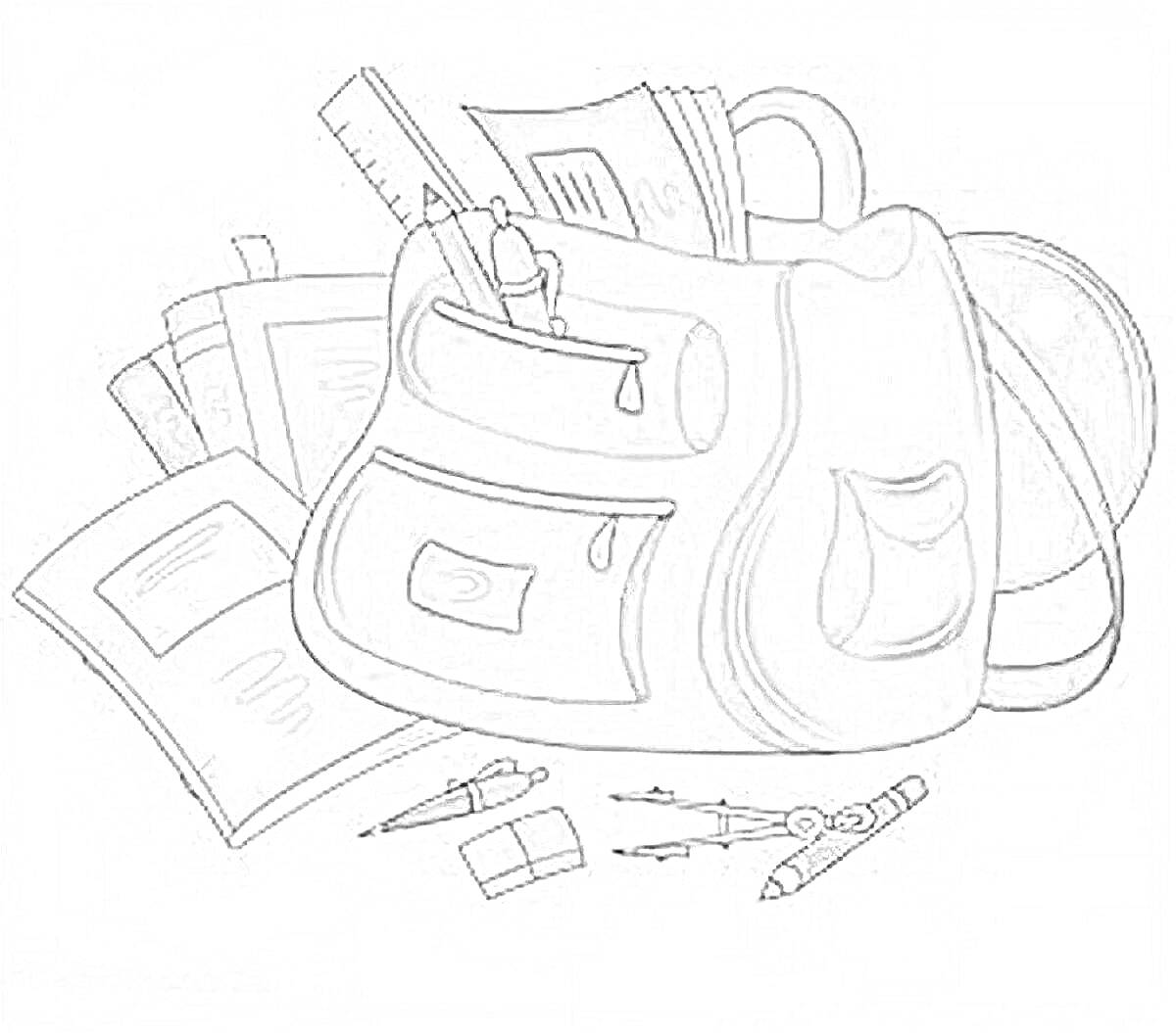 Раскраска Рюкзак с учебниками, тетрадями, линейкой, карандашом, ручкой, ластиком, циркулем, ножницами и глобусом