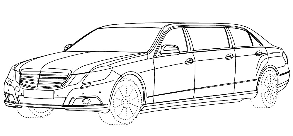 На раскраске изображено: Лимузин, Транспорт, Колеса, Окна, Дверь, Авто, Контурные рисунки
