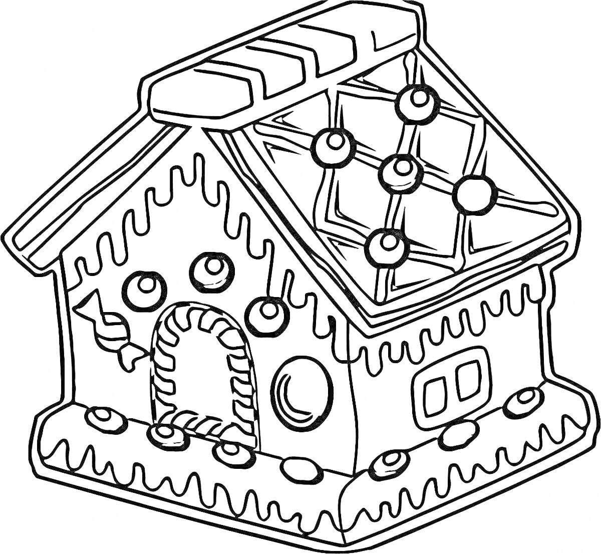 Раскраска Пряничный домик с украшениями, ледяной крышей и снежными завитками