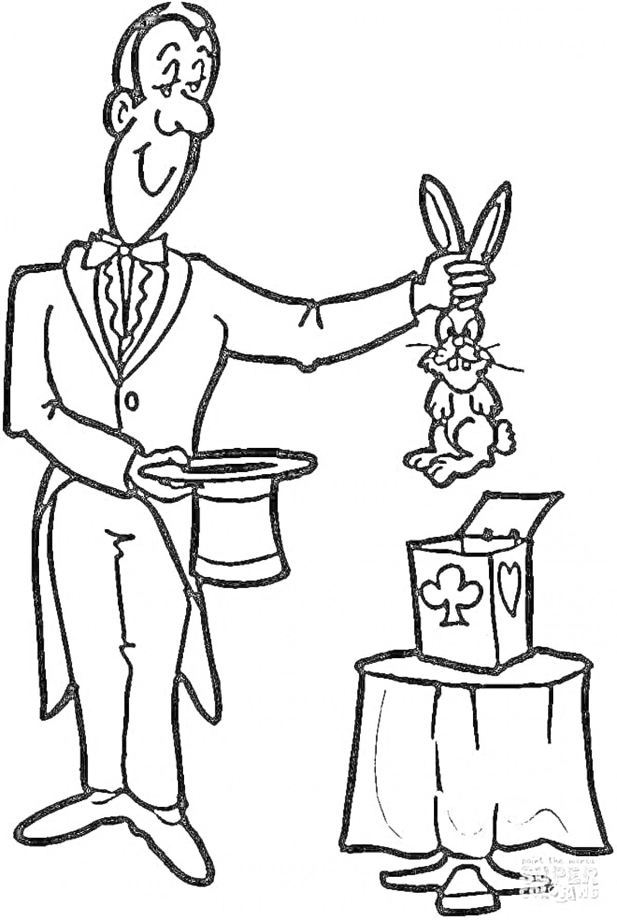 Волшебник с цилиндром и кроликом из шляпы рядом с коробкой на столе