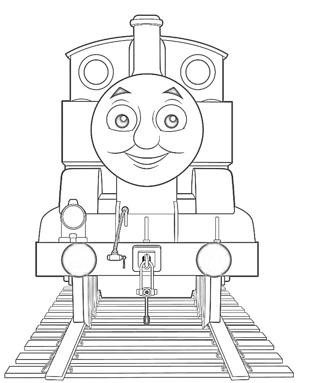 На раскраске изображено: Поезд, Рельсы, Паровоз, Друзья, Из мультфильмов, Томас и его друзья