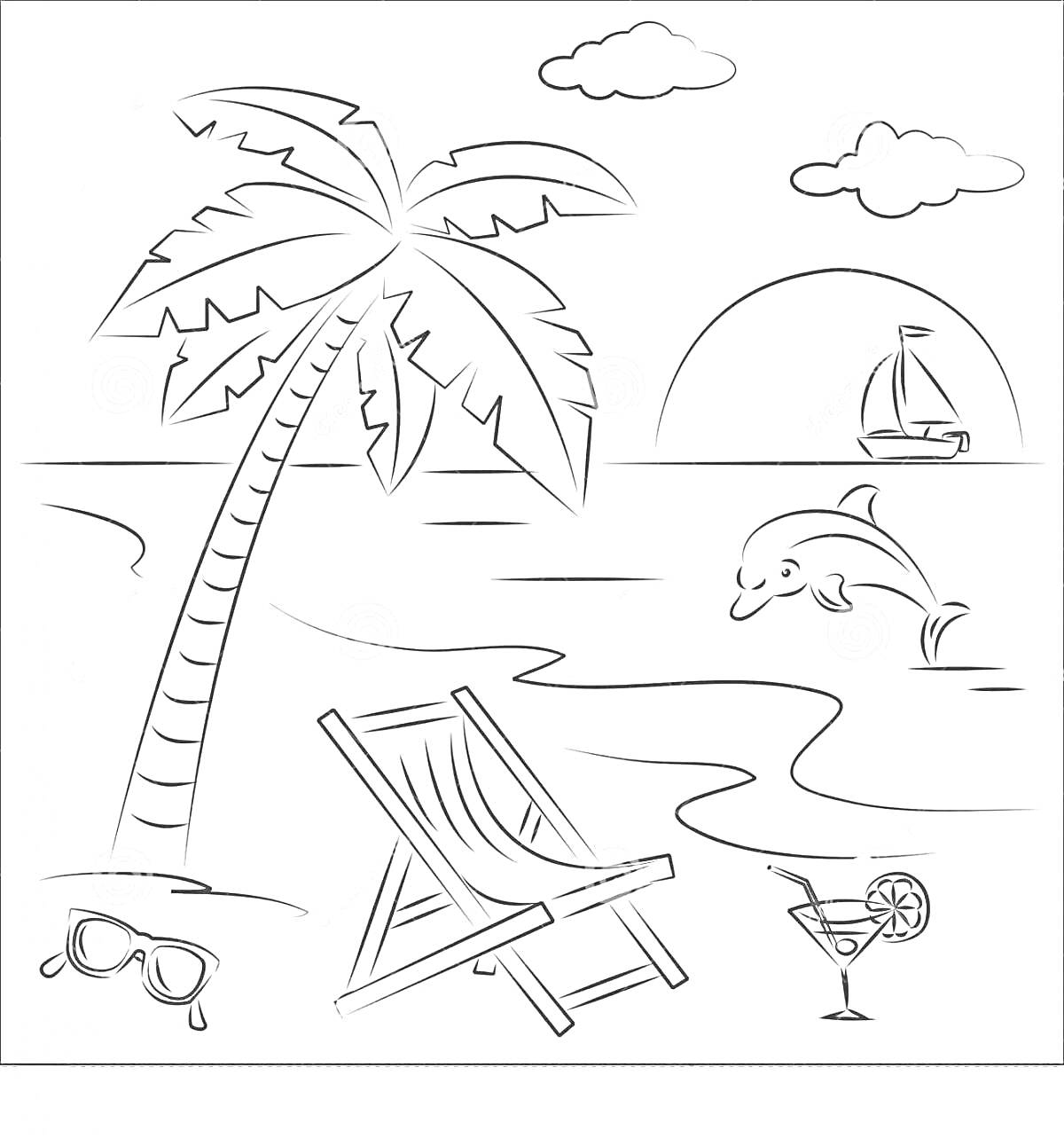 На раскраске изображено: Мальдивы, Пляж, Море, Шезлонг, Закат, Лодка, Очки, Коктейль, Облака