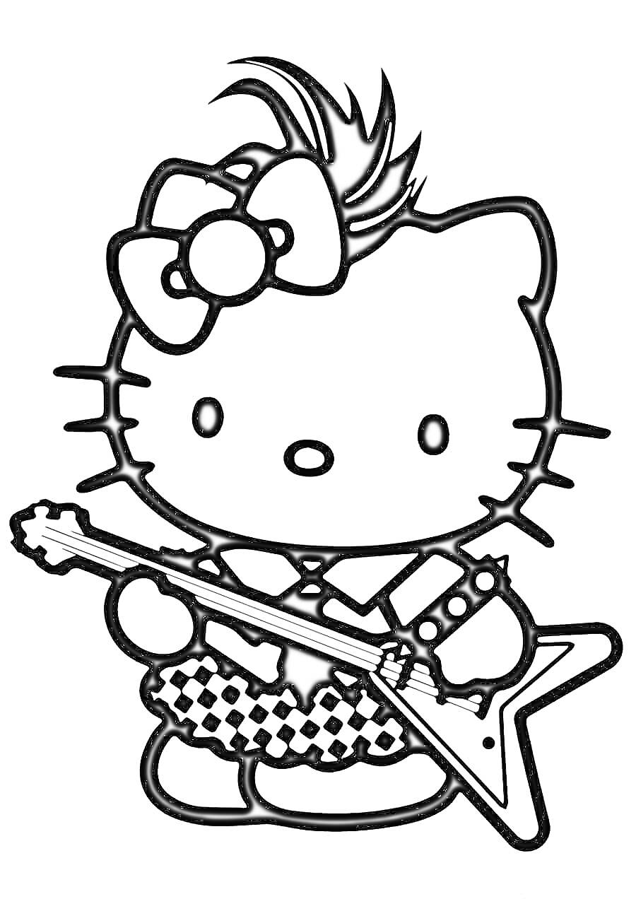 Раскраска Китти с бантом и гитарой в клетчатой юбке