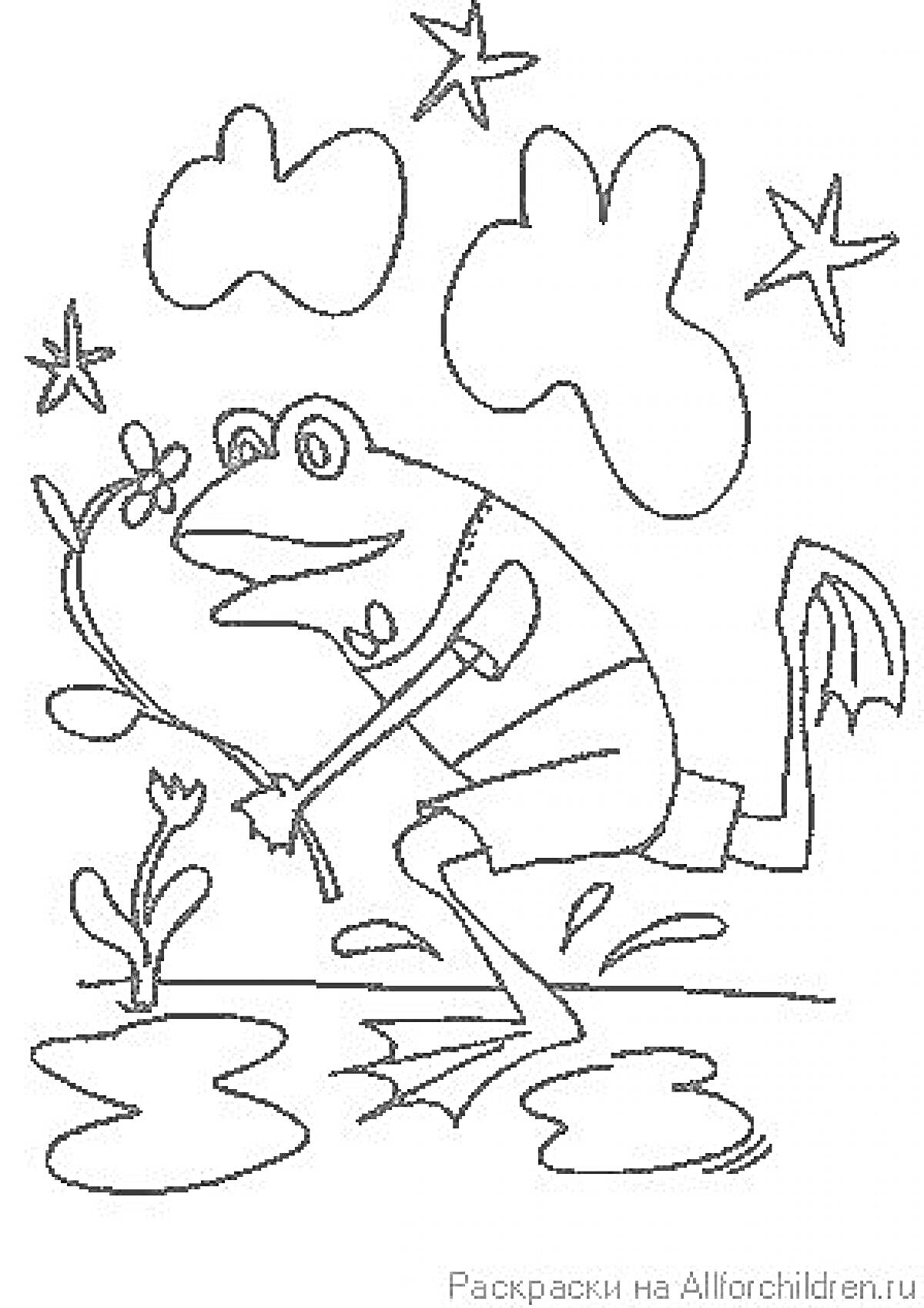Раскраска Лягушка с цветком в руках, в одежде, прыгает по лужам под звездами и облаками