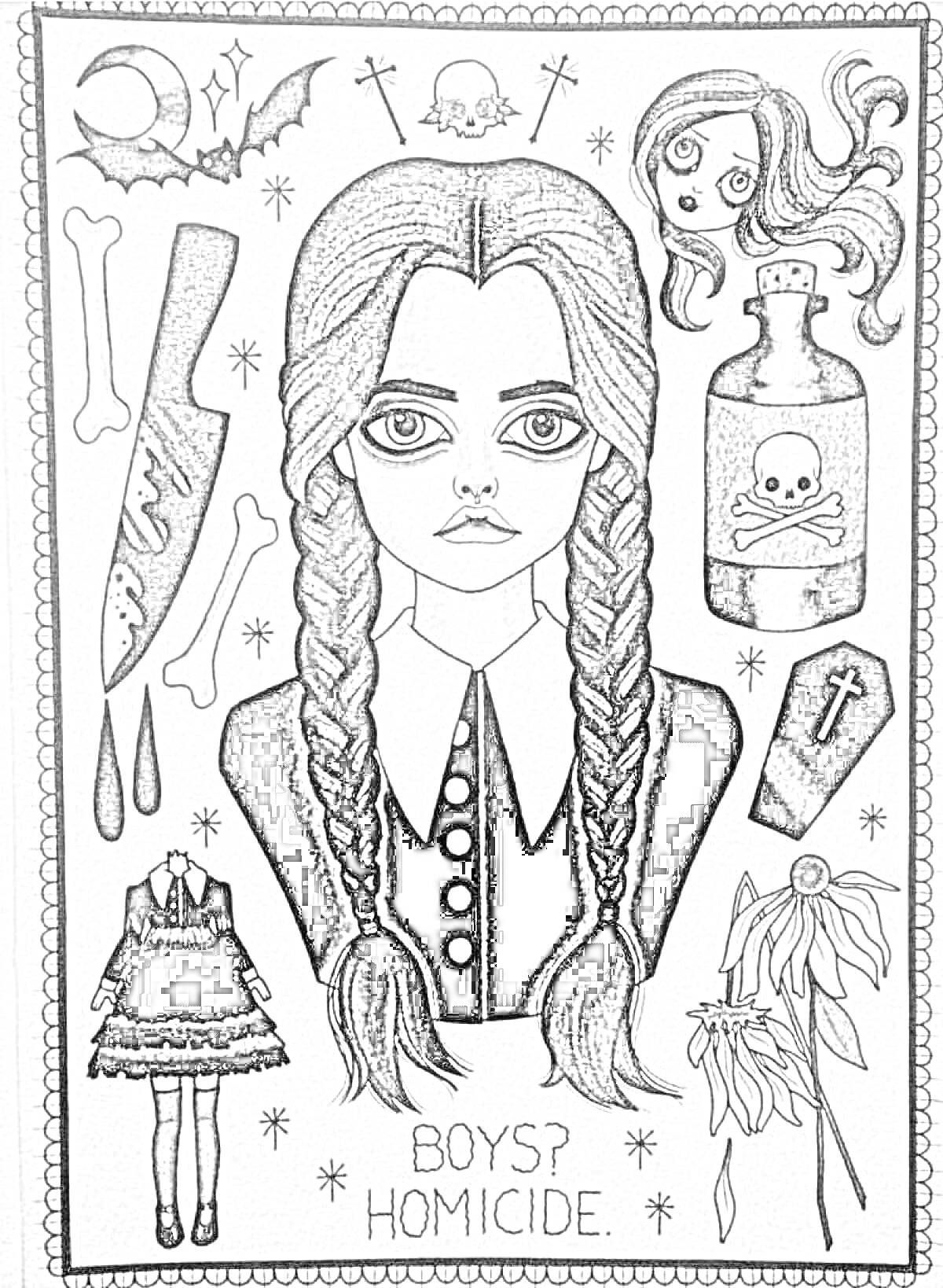 Венсдей Аддамс с элементами - Голова Венсдей с косичками, отрубленная голова куклы, бутылка с черепом, гроб, увядшие цветы, платье, нож, кость, надпись 