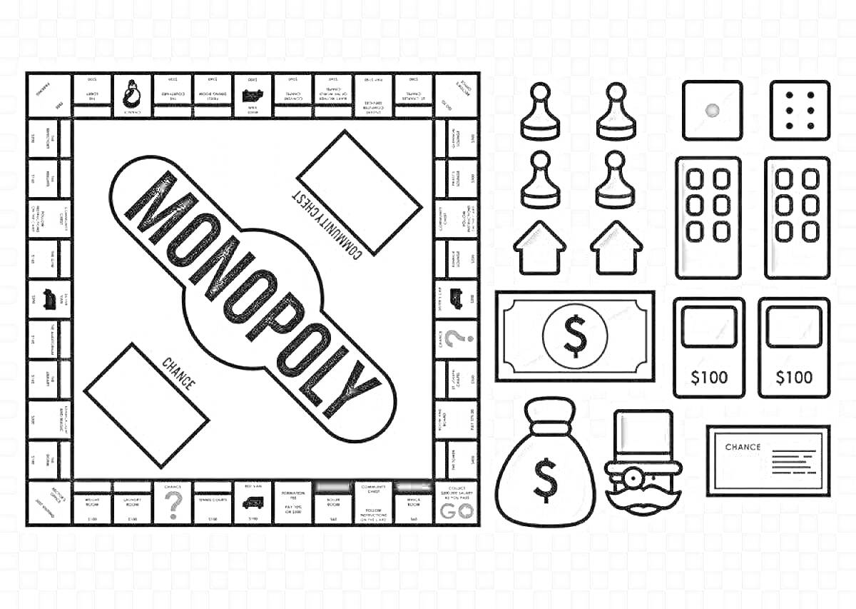 Раскраска Игровое поле Монополии с фишками, деньгами, карточками, фигурами домов, отелей и кубиком