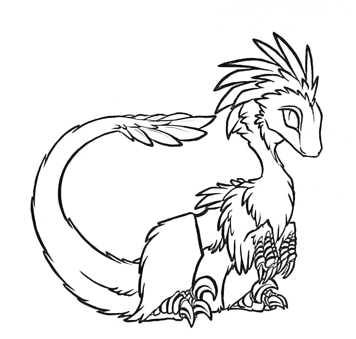 Раскраска Волшебное животное с перьями и лапами, сидящее с закругленным хвостом