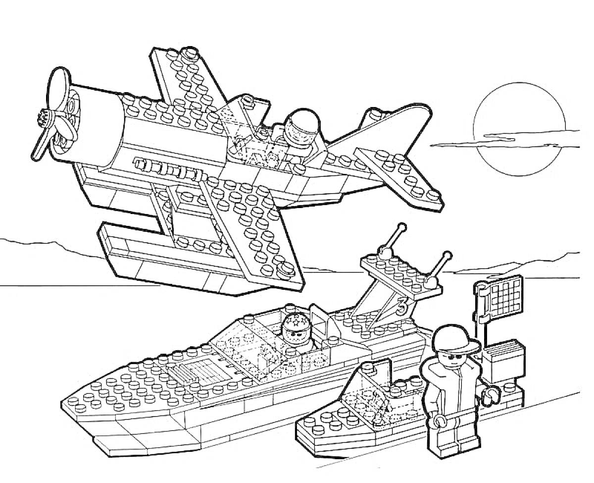 Раскраска Военные Лего - самолет, катер и фигурка с радаром на фоне заката