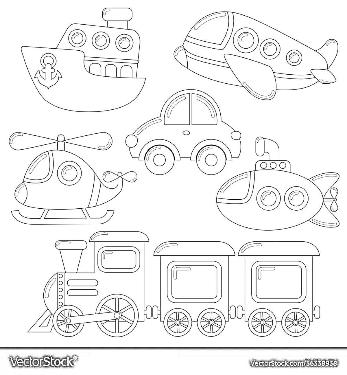 Раскраска Корабль, самолет, вертолет, машина, подводная лодка и поезд