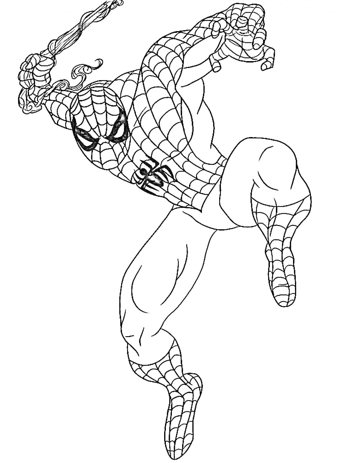 Раскраска Человек-паук в полете, стреляющий паутиной
