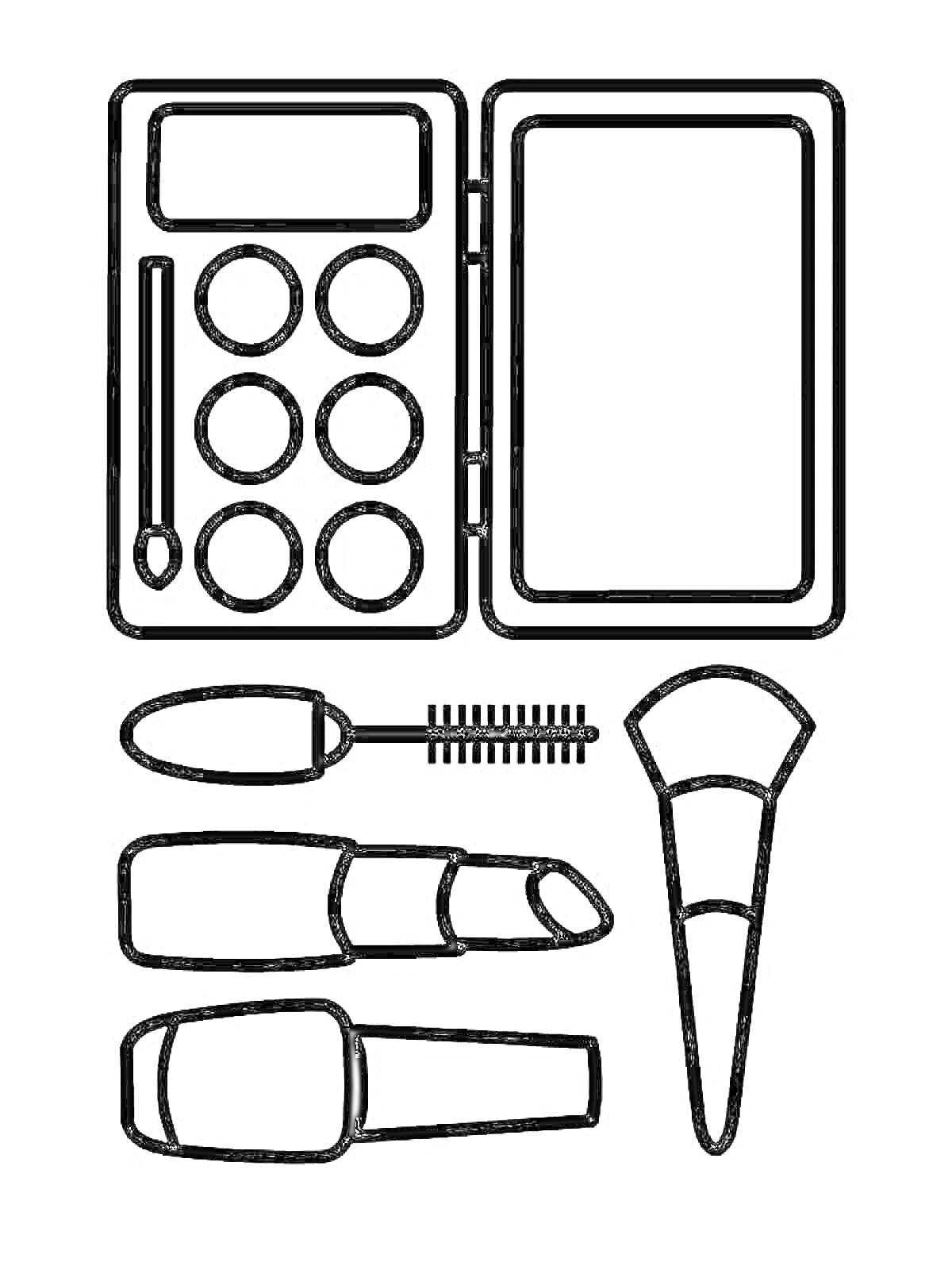 На раскраске изображено: Косметика, Палетка теней, Тушь для ресниц, Помада, Кисточка для макияжа, Лак для ногтей, Для детей