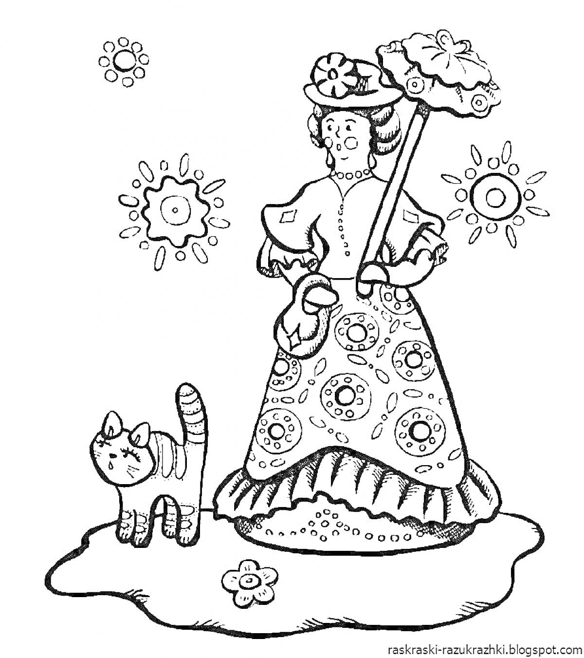 На раскраске изображено: Барышня, Дымковская игрушка, Кот, Цветы, Круги, Наряд