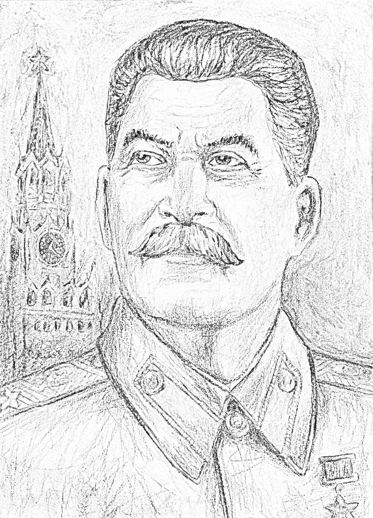 Портрет Сталина на фоне Спасской башни, военная форма, орден