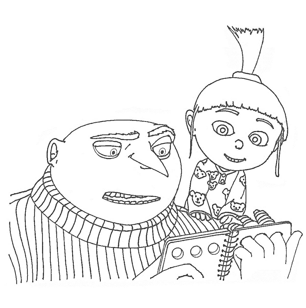 Раскраска Мужчина в свитере и девочка с книжкой