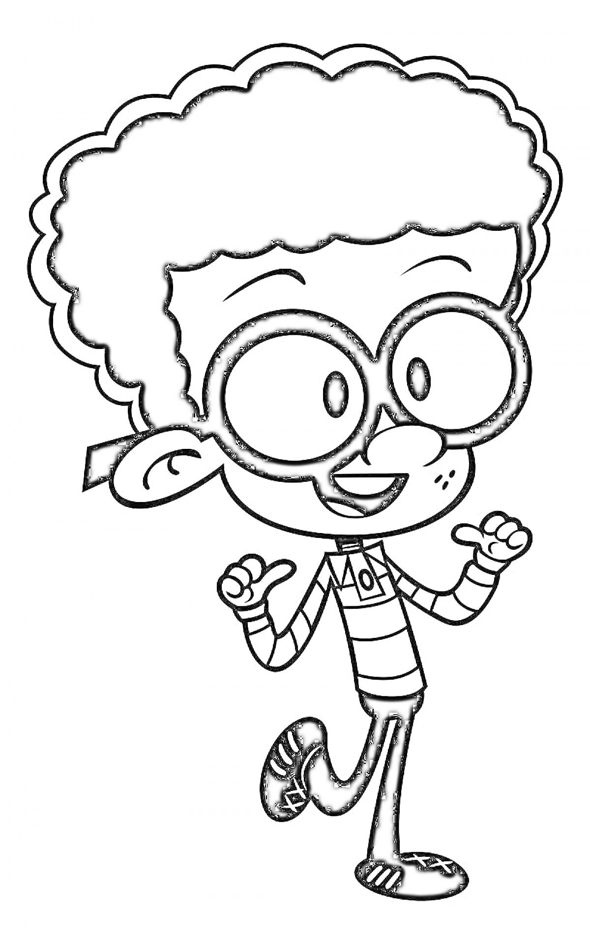 Раскраска Мальчик с большими очками, кудрявыми волосами и в полосатой футболке, улыбающийся и показывающий большие пальцы вверх.