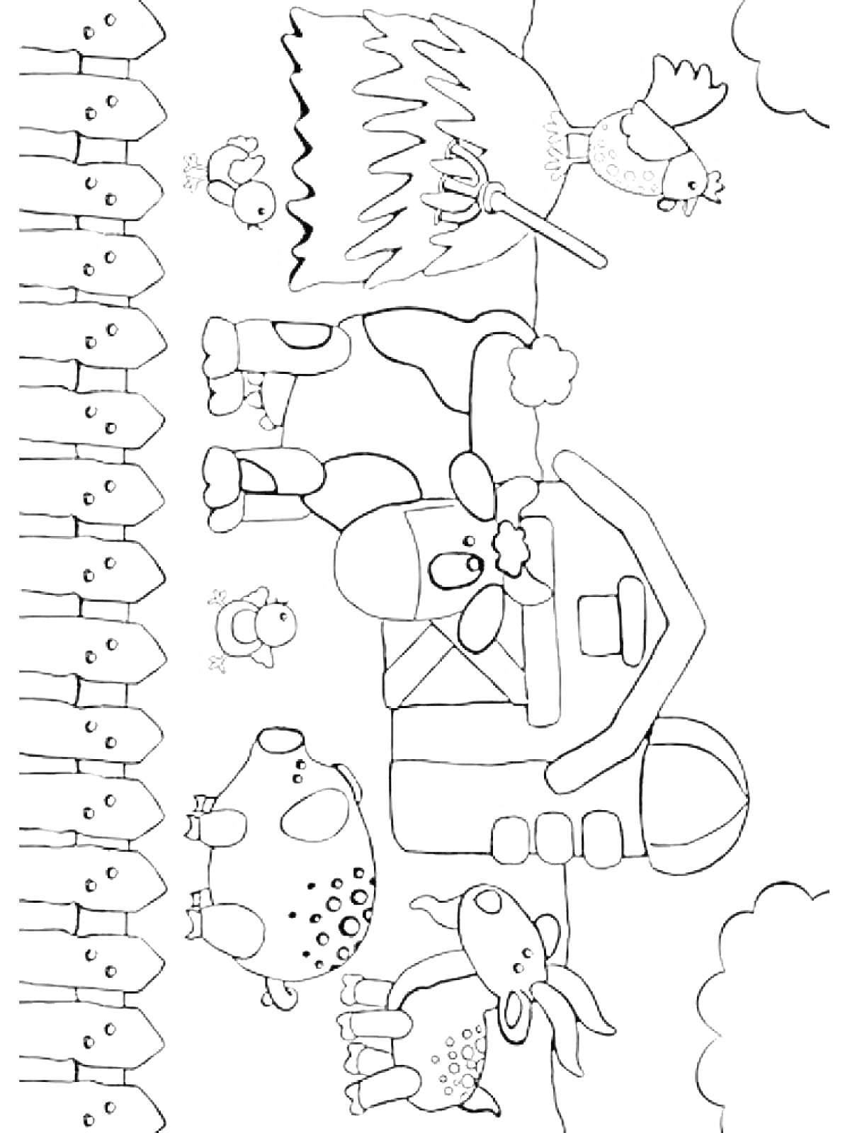 Раскраска Раскраска с коровой, курицей, теленком, козой, утенком, фермерским домом и забором
