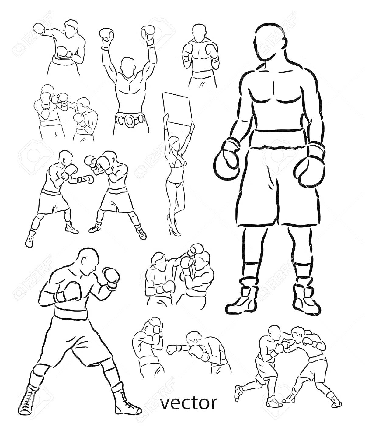 Раскраска Боксеры в различных позах, ринг-герл с табличкой, большой боксёрский силуэт, пары бойцов в схватке