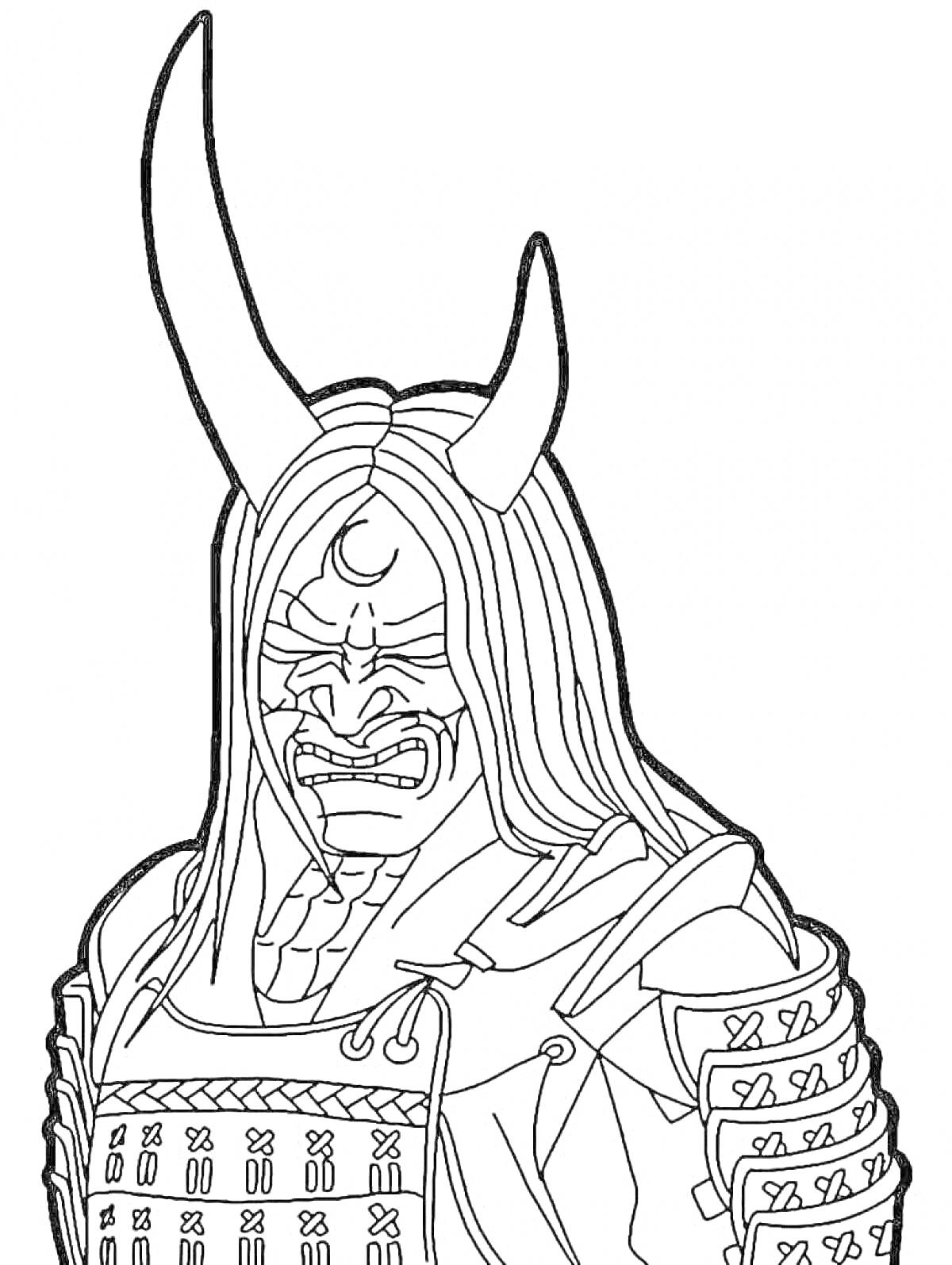 Раскраска Маска японского демона с длинными рогами, длинные волосы, броня самурая