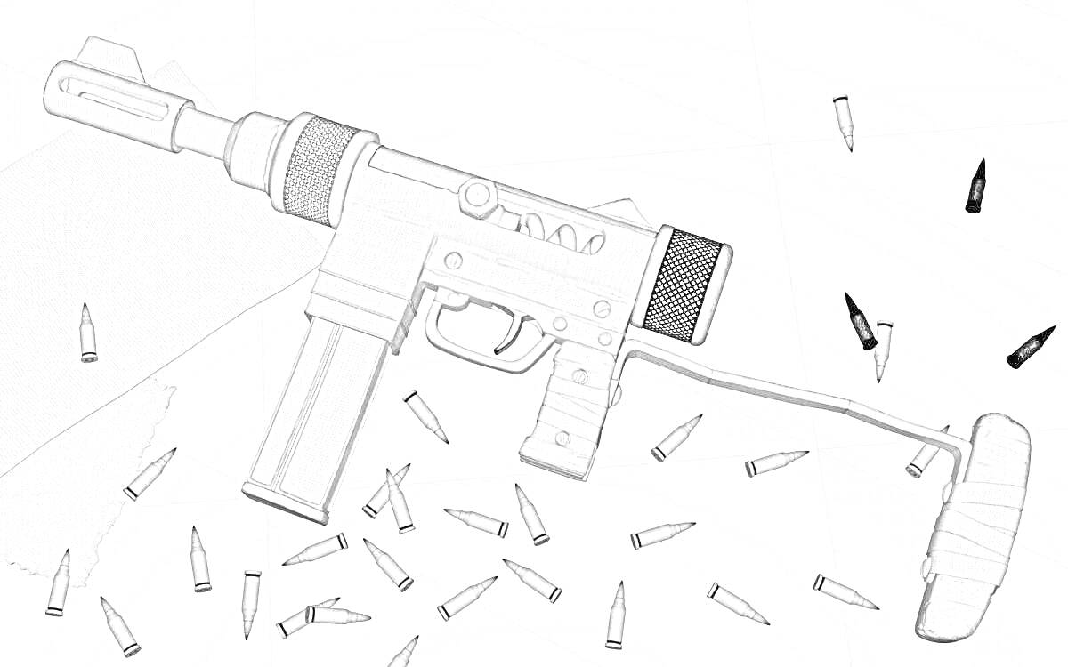 На раскраске изображено: Оружие, Пистолет-пулемет, Магазин, Приклад, Патроны