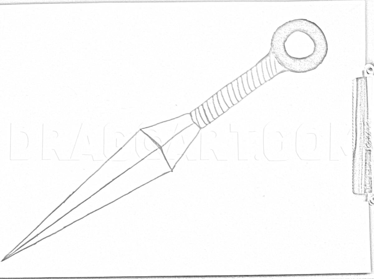Раскраска Нож кунай с круговой рукояткой и черными обмотками на белом фоне