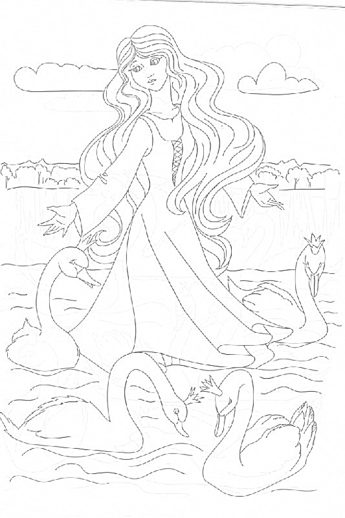 Девушка с длинными волосами, стоящая в воде среди диких лебедей, с деревьями и облаками на заднем плане