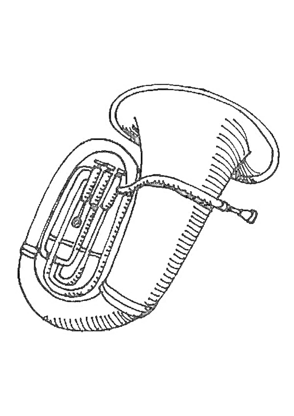 На раскраске изображено: Туба, Духовой инструмент, Мундштук, Музыка, Музыкальные инструменты