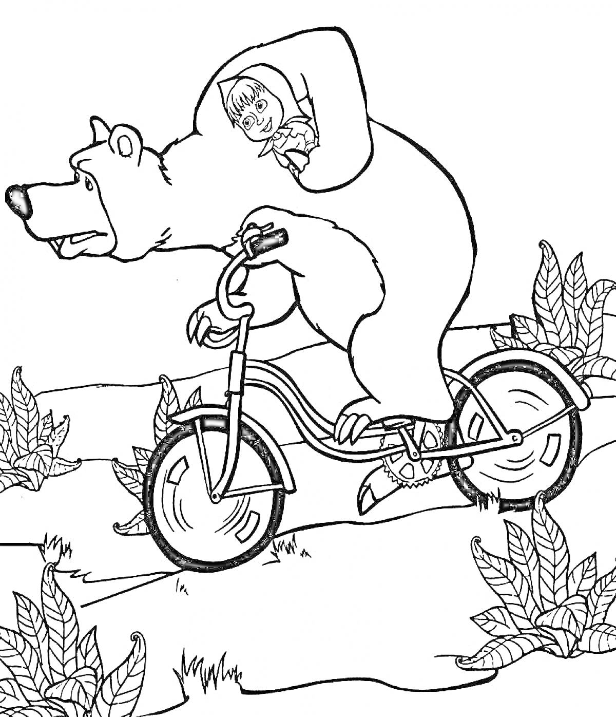 На раскраске изображено: Маша и Медведь, Медведь, Велосипед, Велосипедист, Природа, Кусты, Приключения