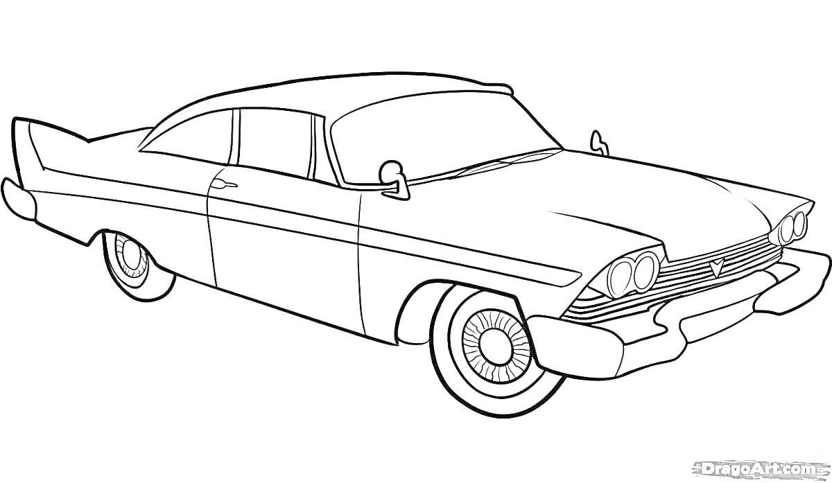 Раскраска Чертёж классического автомобиля с боковым видом, без фона, линейный рисунок