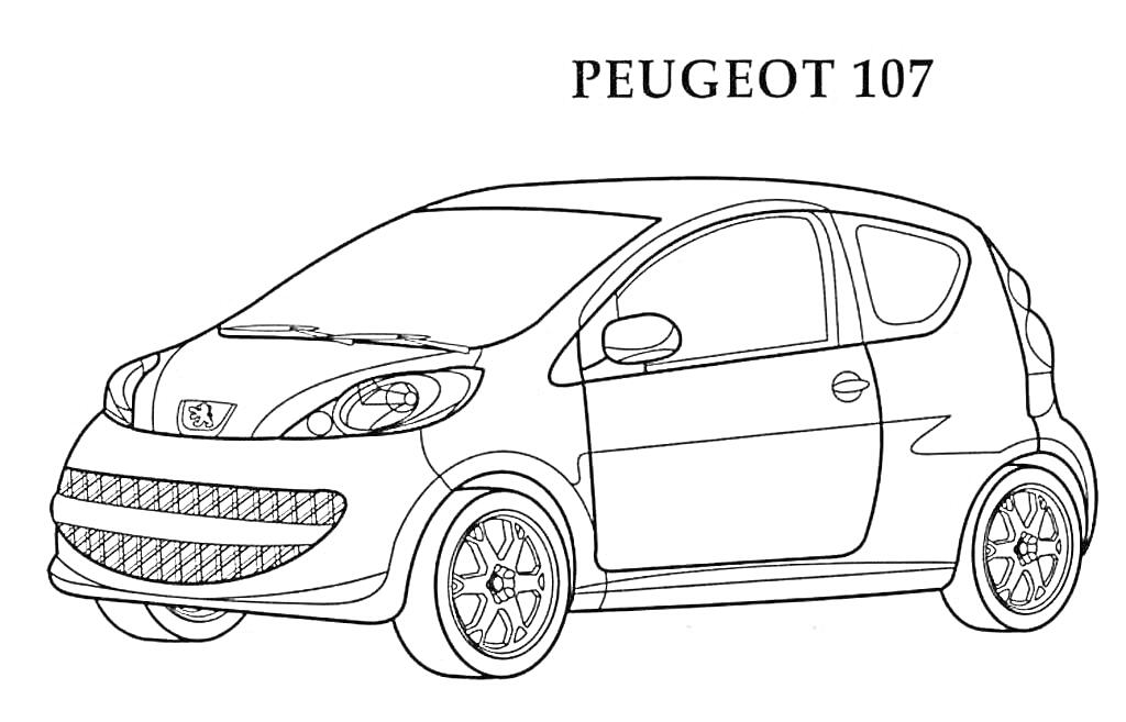 Раскраска Раскраска Peugeot 107 с изображением машины с четырьмя дверьми и колесами