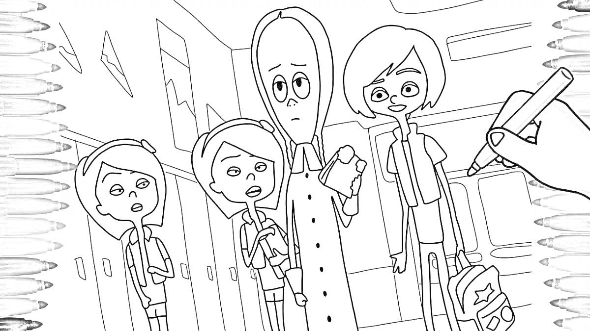 Школьный коридор с персонажами из сериала Wednesday. Видны шкафчики для хранения, трое учеников в школьной форме и рука с карандашом, которая раскрашивает рисунок.