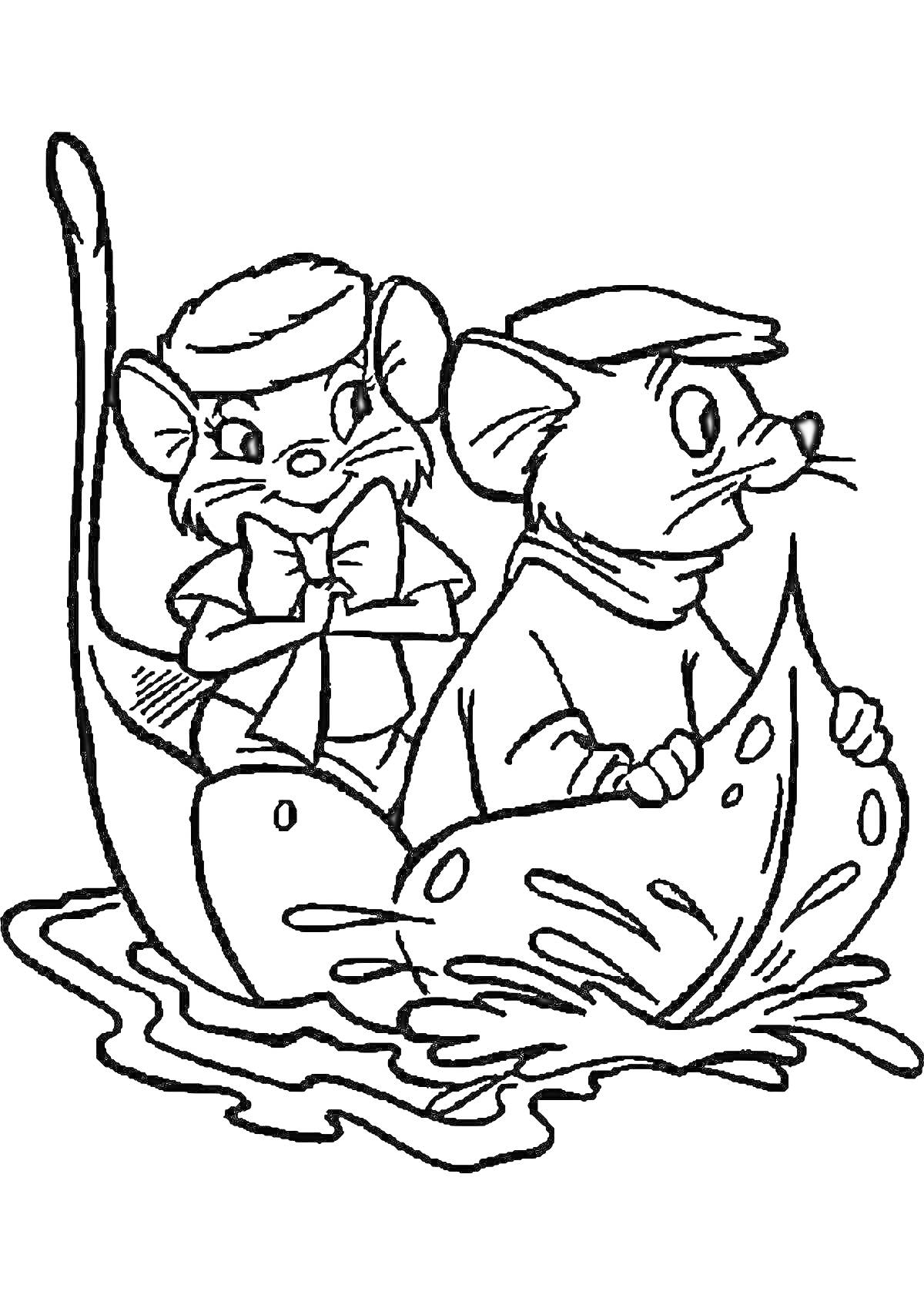 Раскраска Две мыши в шляпах плывут на листе по воде