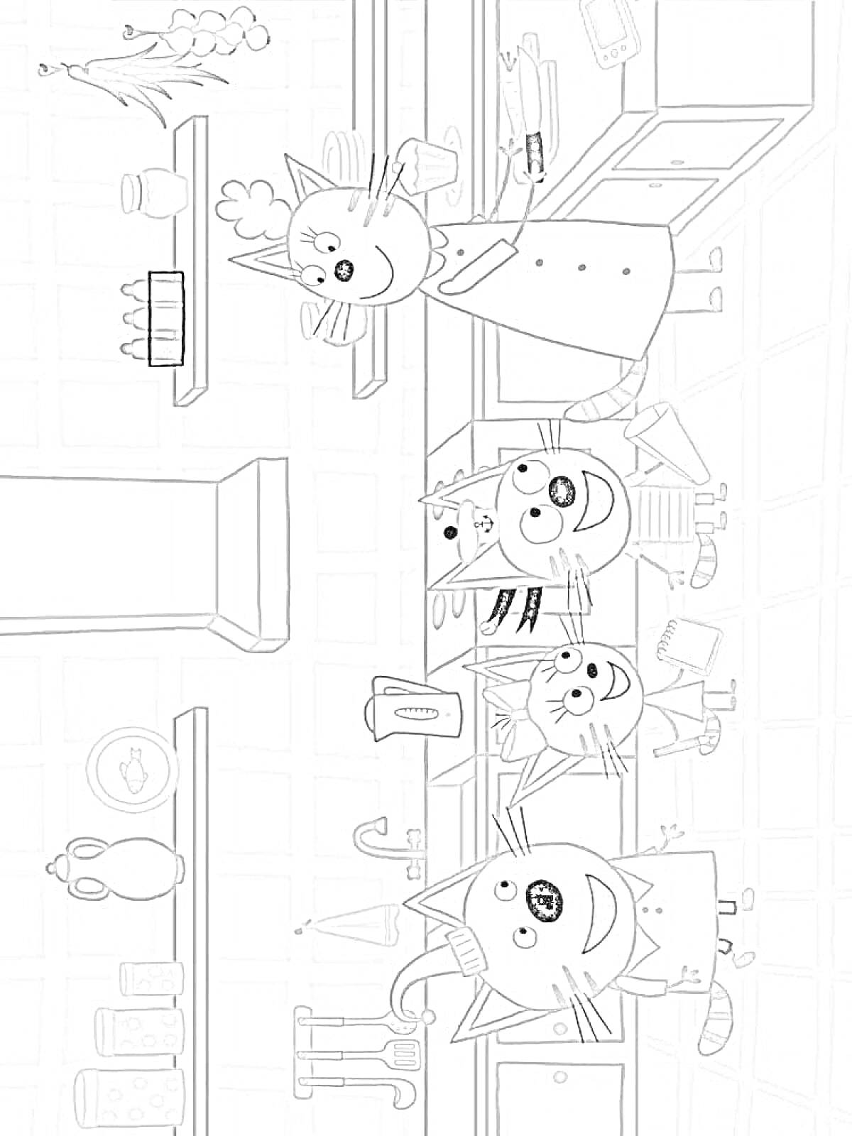 Раскраска Кухня в домике с тремя котами и мебелью