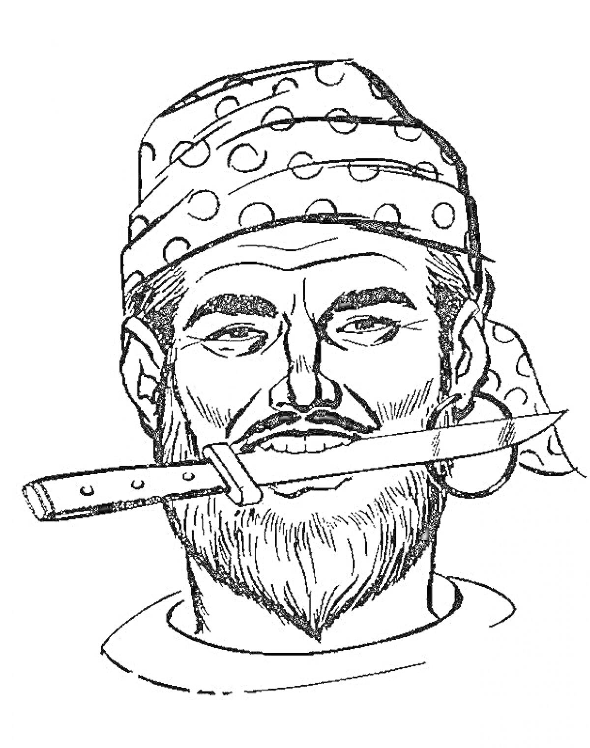 Раскраска Мужчина с бородой в бандане с узорами и серьгой в ухе, держащий нож во рту