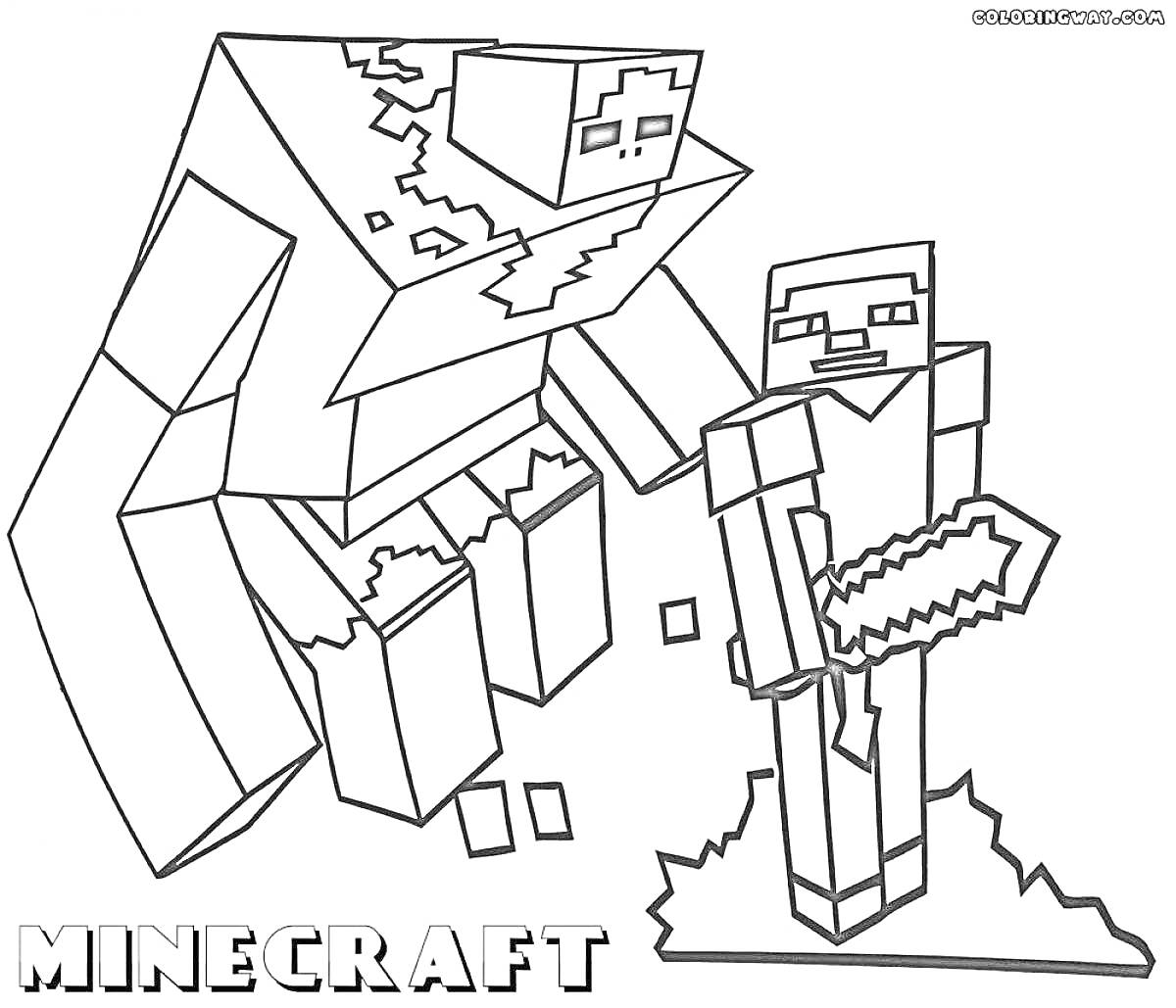 На раскраске изображено: Minecraft, Меч, Свет, Блоки, Игра, Разрушения