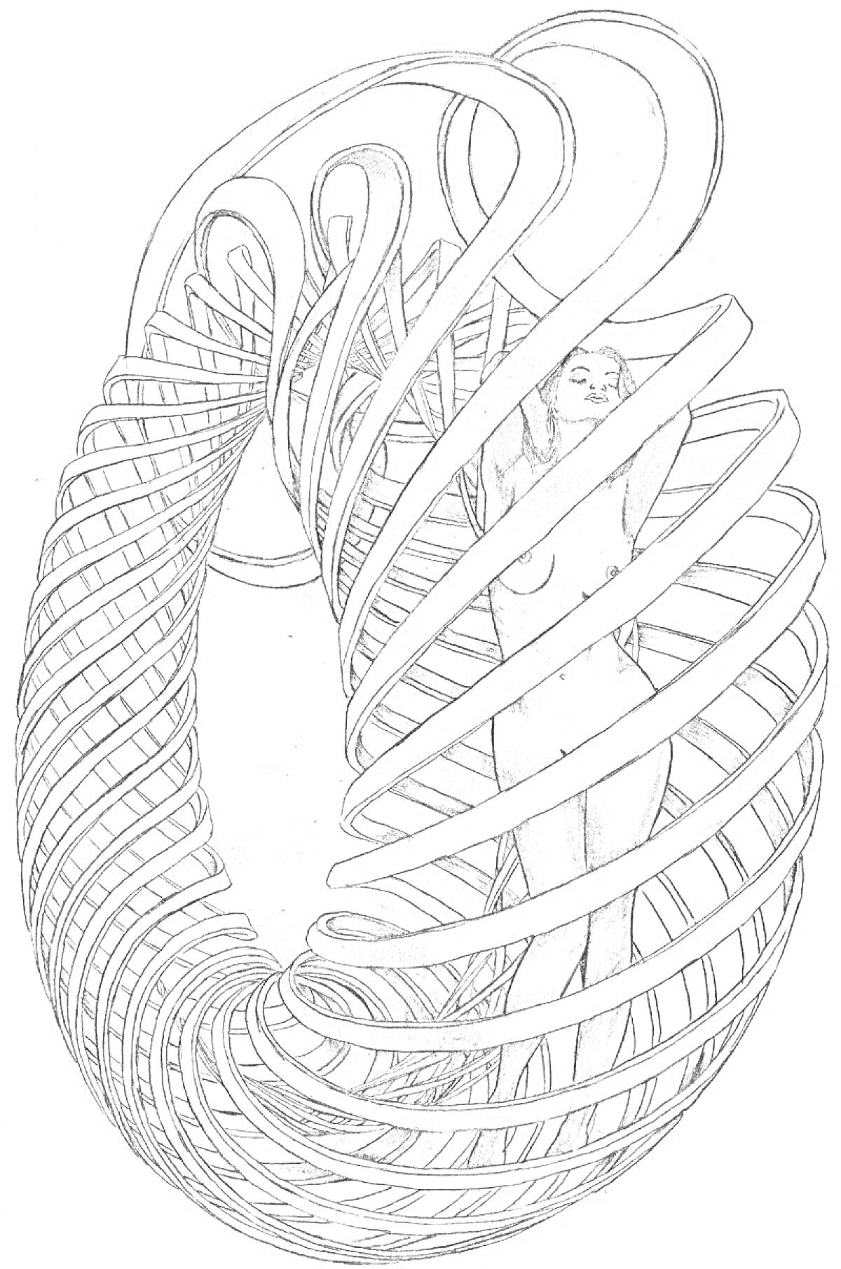 Раскраска женщина, стоящая внутри спиральной структуры