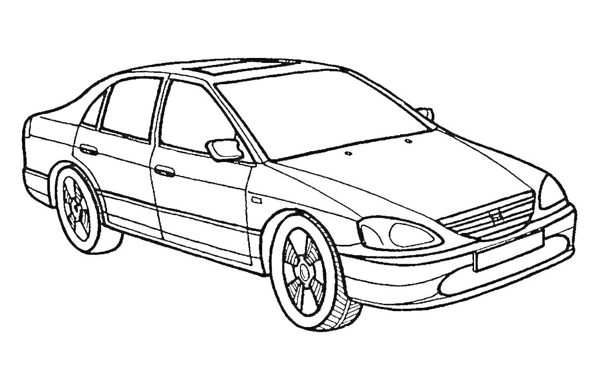Раскраска Honda машина с колёсами, дверями, фарами, боковыми зеркалами и стеклянной крышей