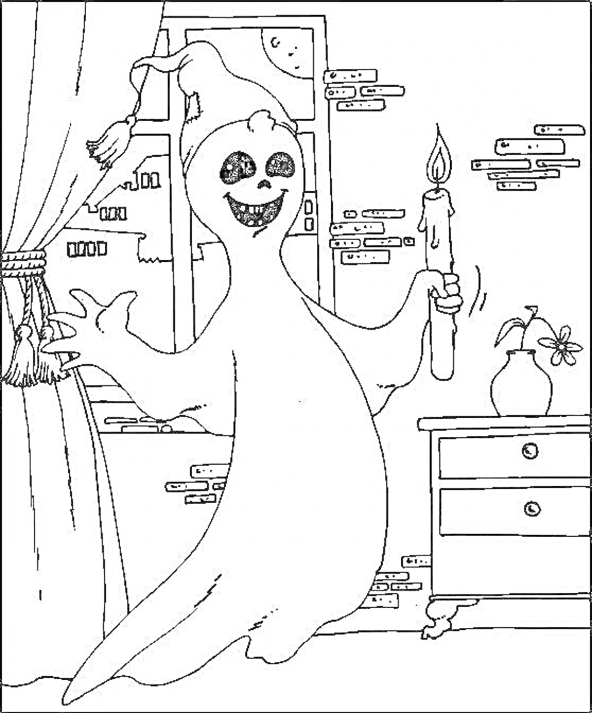 Раскраска Призрак с горящей свечой, стоящий у окна с занавеской, справа тумбочка с вазой и цветком, видны кирпичные стены