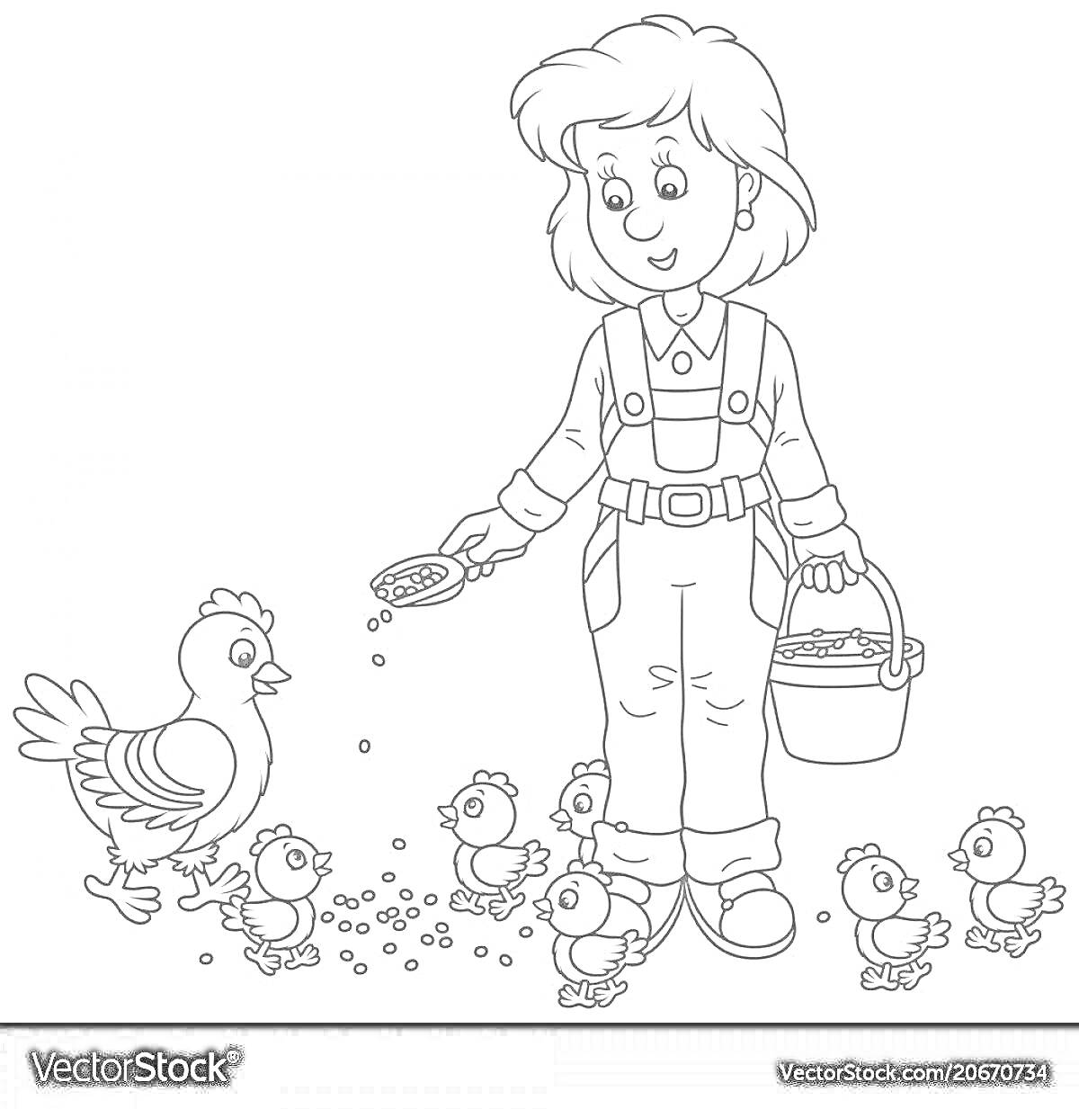 На раскраске изображено: Мальчик, Цыплята, Тарелка, Корм, Сельское хозяйство, Животные, Ферма