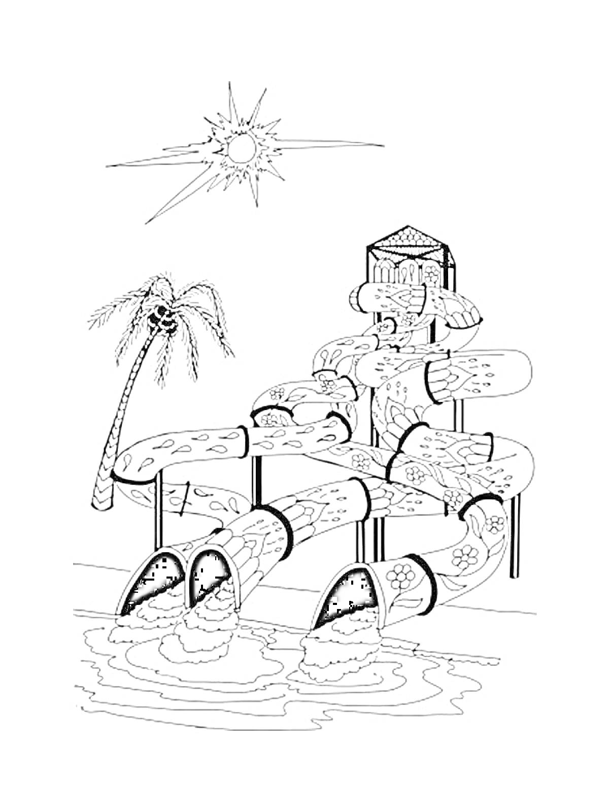На раскраске изображено: Аквапарк, Бассейн, Солнце, Пляж, Отдых, Лето, Вода, Пальмы, Развлечения