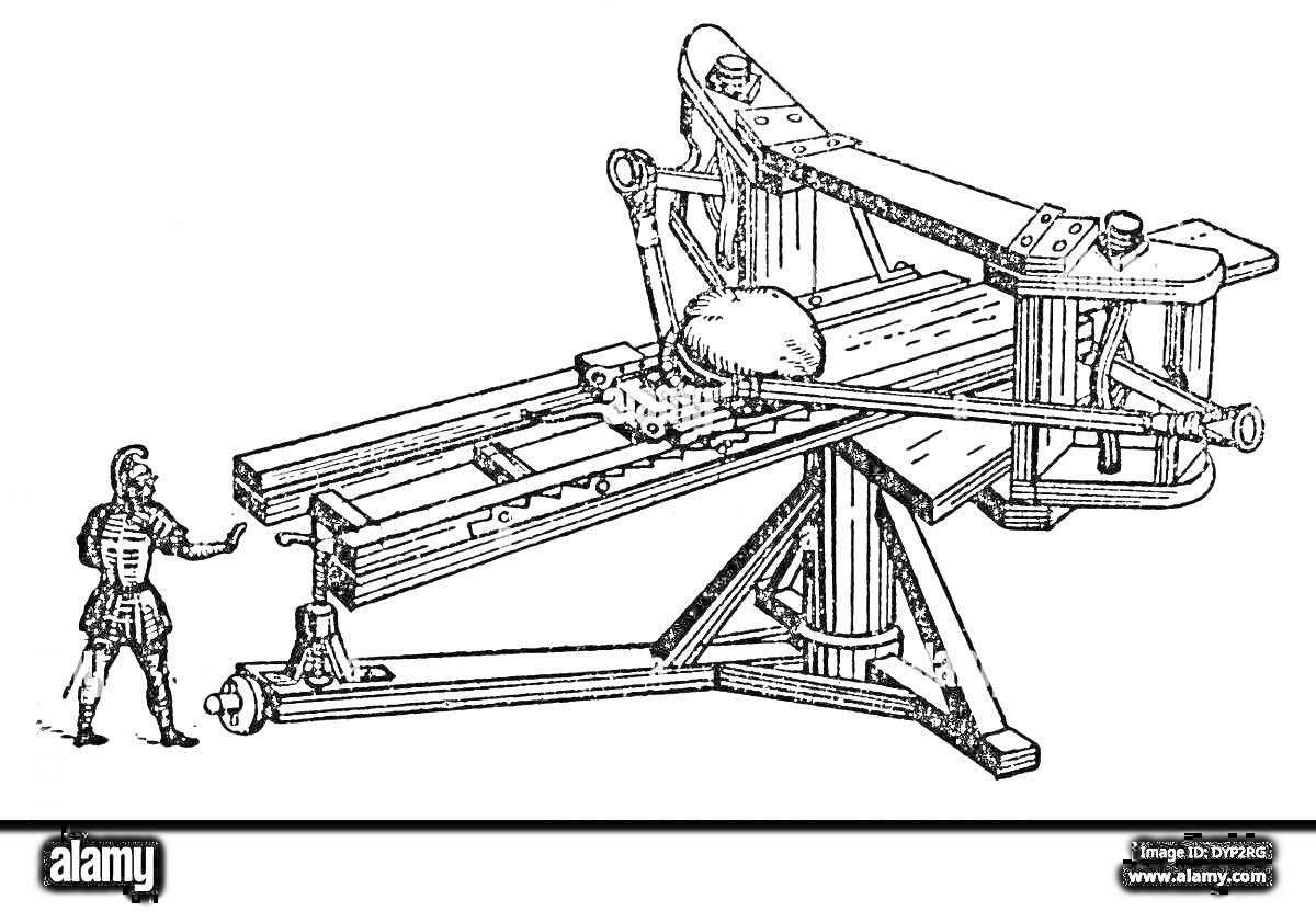 Раскраска Катапульта с рычагом и каменным снарядом, с человеком