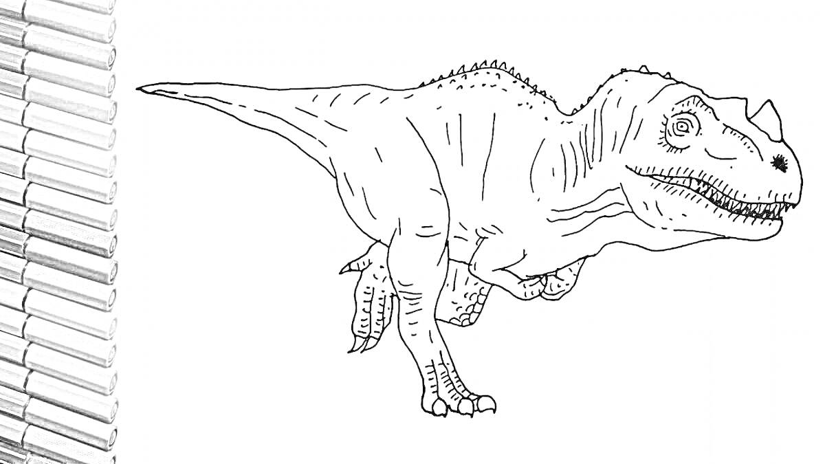 На раскраске изображено: Аллозавр, Динозавр, Цветные карандаши, Древние животные