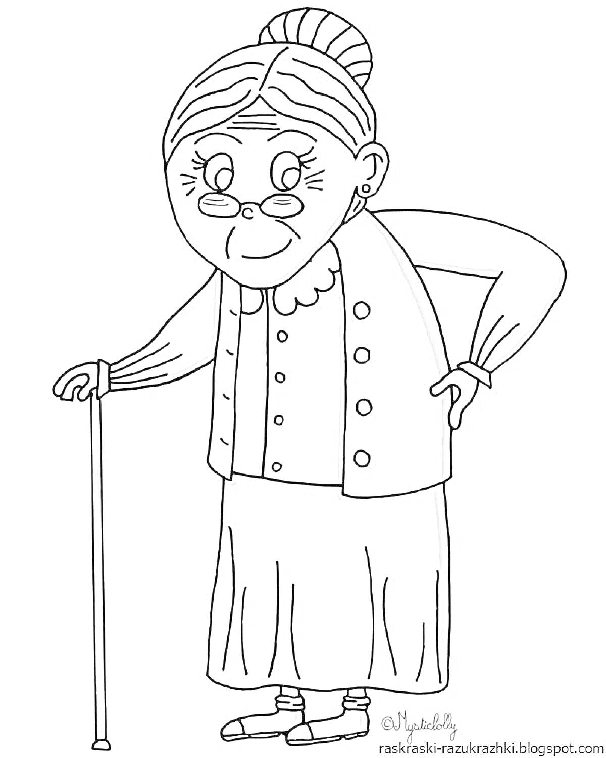 На раскраске изображено: Бабушка, Трость, Очки, Жилет, Волосы