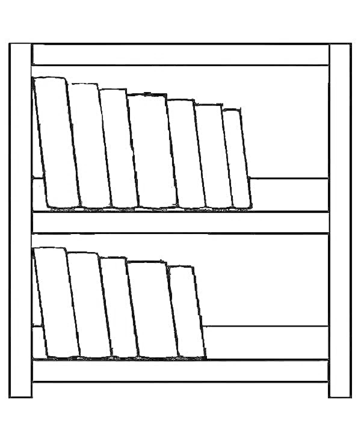 Раскраска Полка с книгами, на двух полках находятся вертикально стоящие книги разной толщины, на верхней полке семь книг, на нижней полке четыре книги.