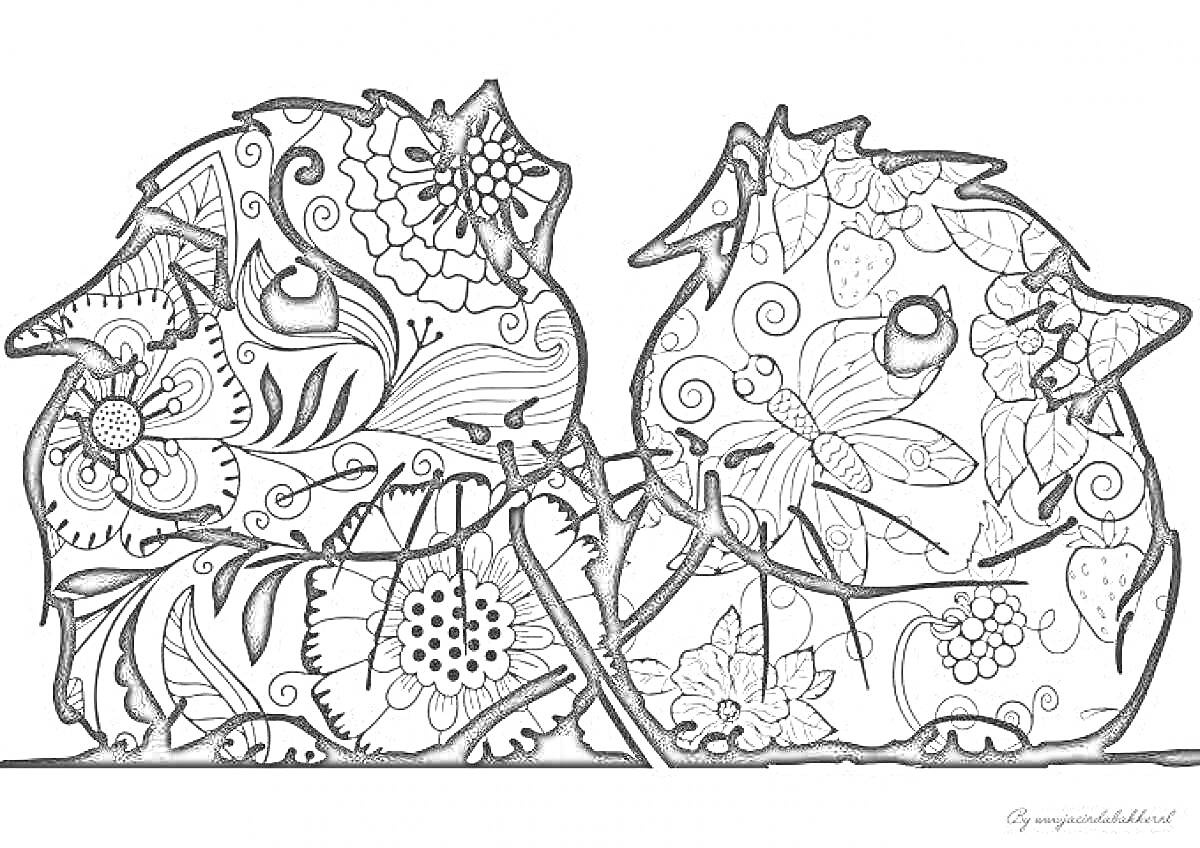 На раскраске изображено: Хомяк, Антистресс, Цветы, Листья, Узоры, Спокойствие